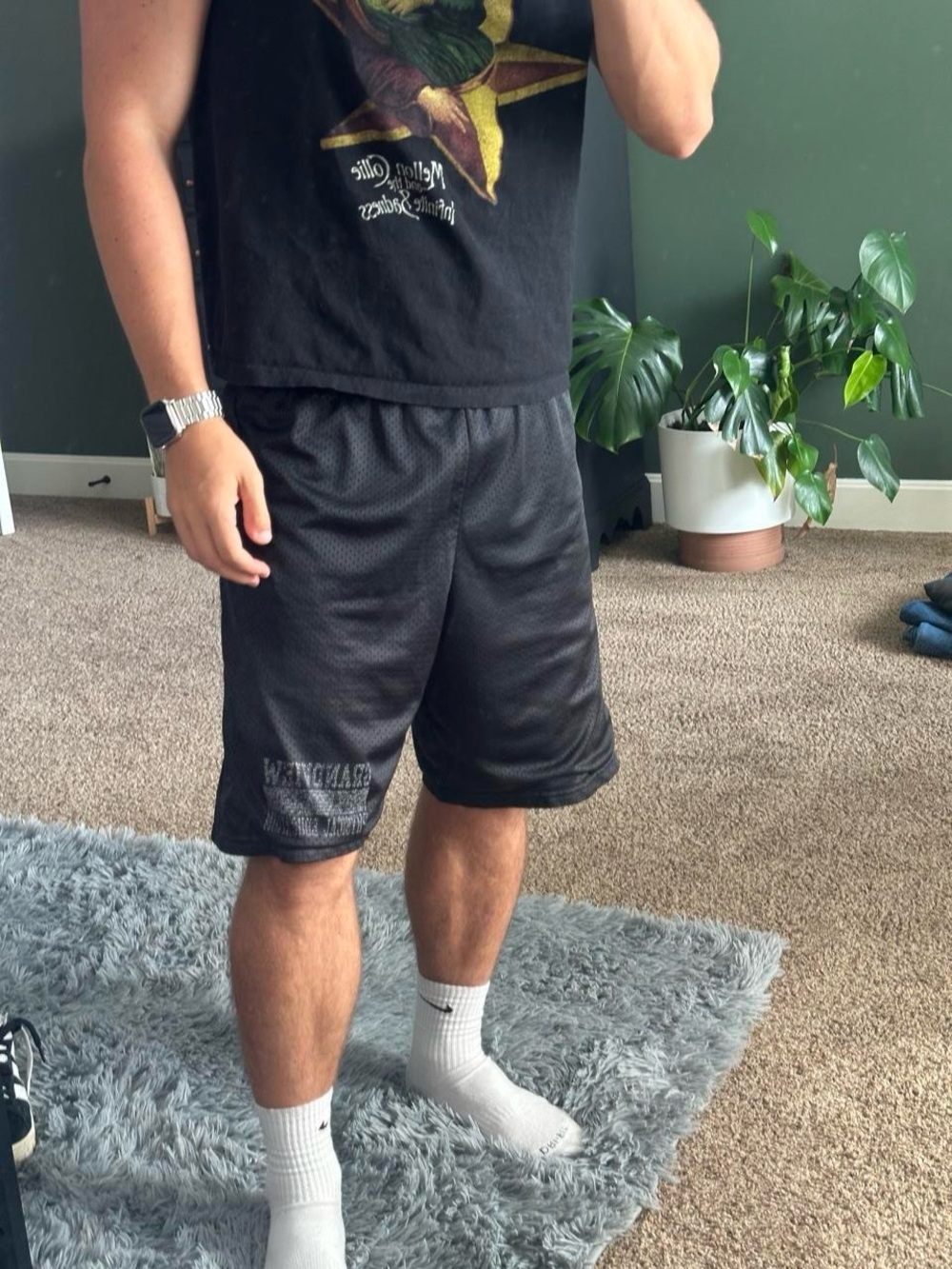 American Vintage Men’s Black Athletic Mesh Shorts with White Logo